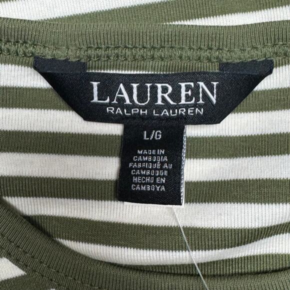Lauren Ralph Lauren Striped Stretch Cotton Crewneck Tee Olive and White Large - Picture 5 of 6